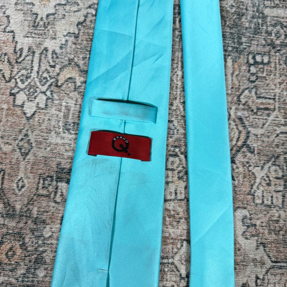 Brand Q Mens Turquoise Blue Satin Solid Necktie Made in Italy Formal Accessory